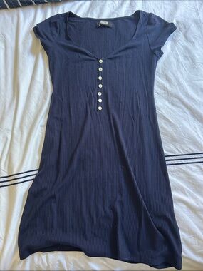 Navy Ribbed Reformation knit mini dress with white buttons